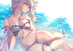 Rule 34 | 1girl, 92m, arm support, bare shoulders, bikini, blonde hair, blue eyes, breasts, cleavage, collarbone, commentary request, europa (granblue fantasy), europa (summer) (granblue fantasy), flower, front-tie top, granblue fantasy, hair flower, hair ornament, hand on own chest, leg ribbon, looking at viewer, medium breasts, navel, outdoors, parted lips, partially submerged, ribbon, short hair, silver bikini, sitting, solo, strap slip, swimsuit, thigh ribbon, thighs, water, wet