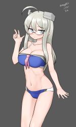 Rule 34 | 1girl, absurdres, adapted costume, ahoge, bikini, blue bikini, breasts, cleavage, dated, feet out of frame, glasses, grey eyes, grey hair, headgear, heywood l. edwards (kancolle), highres, kantai collection, large breasts, long hair, looking at viewer, maru (marg0613), navel, one-hour drawing challenge, sailor bikini, sailor collar, solo, swimsuit, twitter username, v