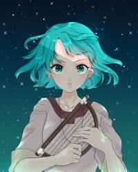 Rule 34 | 1girl, absurdres, aqua hair, erin, green eyes, harp, harukichi 13, highres, instrument, jewelry, kemono no souja erin, looking at viewer, necklace, short hair, short sleeves, simple background, solo, star (sky), upper body