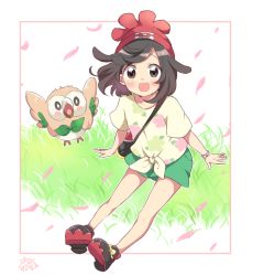 Rule 34 | 1girl, beanie, blush, commentary request, creatures (company), dated, floral print, game freak, gen 7 pokemon, grass, green shorts, grey eyes, hat, kisukekun, knees, looking at viewer, nintendo, open mouth, petals, pokemon, pokemon (creature), pokemon sm, red headwear, rowlet, selene (pokemon), shirt, shoes, short shorts, short sleeves, shorts, signature, smile, swept bangs, t-shirt, tied shirt, z-ring