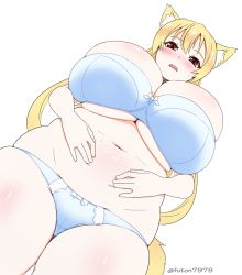 Rule 34 | 1girl, animal ears, artist name, belly, belly grab, blonde hair, blue bra, blue panties, blush, bra, breasts, bursting breasts, cleavage, fox ears, fox girl, fox tail, from below, futon7979, highres, huge breasts, lace, lace bra, lace panties, long hair, looking at viewer, looking down, navel, open mouth, original, panties, plump, red eyes, signature, simple background, skindentation, solo, sweat, tail, thighs, underboob, undersized clothes, underwear, underwear only, white background, yuzuno (futon)