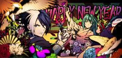 Rule 34 | 1boy, 1girl, bird, blue eyes, brush, eagle, facial scar, gloves, happy new year, isolde (kof), japanese clothes, kimono, looking at viewer, multicolored hair, nameless (kof), new year, official art, scar, scar on cheek, scar on face, snk, split-color hair, the king of fighters, the king of fighters 2002