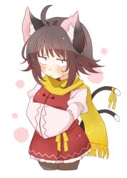 Rule 34 | 1girl, ahoge, animal ear fluff, animal ears, blush, breasts, brown hair, cat ears, cat tail, chen, closed mouth, commentary request, cowboy shot, cropped legs, dress, glaring, hands in opposite sleeves, highres, juliet sleeves, large breasts, long sleeves, looking at viewer, multiple tails, nekomata, no headwear, pantyhose, puffy sleeves, red dress, ribbon, scarf, short hair, simple background, solo, tail, tail ornament, tail ribbon, totoharu (kujirai minato), touhou, two tails, upturned eyes, v-shaped eyebrows, white background, wide sleeves, yellow ribbon, yellow scarf, | |
