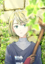 Rule 34 | 1boy, against wall, bishounen, blonde hair, brick wall, character request, colored eyelashes, commentary request, coppe (pixiv 104389073), facing viewer, green eyes, hair between eyes, highres, holding, holding staff, looking to the side, male focus, plant, short hair, solo, staff, swept bangs, unicorn overlord, upper body, vines, wooden staff