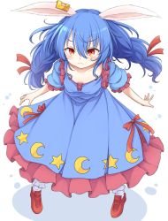 Rule 34 | 1girl, :t, animal ears, blue dress, blue hair, blush, bobby socks, breasts, closed mouth, collarbone, commentary request, crescent print, dress, ear ornament, from above, frown, full body, hair between eyes, highres, long hair, looking at viewer, neko mata, petticoat, pout, puffy short sleeves, puffy sleeves, rabbit ears, red eyes, red footwear, seiran (touhou), short sleeves, small breasts, socks, solo, standing, star (symbol), star print, touhou, twintails, v-shaped eyebrows, white socks