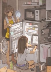 Rule 34 | 2girls, barefoot, bottle, brown eyes, brown hair, collarbone, commentary, computer, computer tower, drawing, drawing tablet, electric fan, final fantasy, final fantasy vii, from behind, hand fan, highres, holding, holding bottle, indian style, indoors, keyboard (computer), kitchen, long hair, microwave, monitor, mouse (computer), multiple girls, original, panties, panty peek, paper fan, refrigerator, refrigerator interior, short hair, shorts, sideways mouth, sitting, standing, sweat, tank top, tomioka jirou, towel, towel around neck, uchiwa, underwear, water bottle, wooden floor, yellow tank top