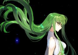 Rule 34 | 1girl, bare shoulders, black background, c.c., code geass, creayus, floating hair, from side, green hair, long hair, profile, simple background, solo, space, star (sky), twitter username, yellow eyes