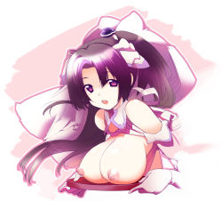 Rule 34 | 1girl, black hair, breast rest, breasts, breasts on tray, breasts out, carried breast rest, carrying, elbow gloves, female focus, gloves, highres, long hair, looking at viewer, nipples, open mouth, original, papico, ponytail, purple eyes, solo, tray, upper body