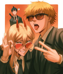 Rule 34 | !, 1girl, 2boys, artist name, black hair, black jacket, black necktie, blonde hair, brown-tinted eyewear, brown hair, chainsaw man, chalseu, collared shirt, commentary, cross-shaped pupils, denji (chainsaw man), english commentary, formal, gun sling, hair between eyes, hayakawa aki, highres, horns, jacket, katana, long hair, looking at viewer, multiple boys, necktie, open mouth, parted lips, power (chainsaw man), red horns, sharp teeth, shirt, short hair, smile, spoken exclamation mark, suit, suit jacket, sword, symbol-shaped pupils, teeth, tinted eyewear, tongue, tongue out, topknot, two-tone background, v, weapon, weapon on back, white shirt, yellow eyes