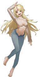 Rule 34 | 1girl, absurdres, arm up, bang dream!, barefoot, blonde hair, blush, breasts, cleavage, cleavage cutout, clothing cutout, crop top, denim, evolved virgin killer sweater, full body, highres, jeans, long hair, long sleeves, looking at viewer, medium breasts, navel, open mouth, pants, simple background, smile, solo, sweater, teeth, tsurumaki kokoro, underboob, upper teeth only, white background, yellow eyes, yogu (user rxdx2445)