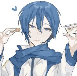 Rule 34 | 0211nami, 1boy, blue eyes, blue hair, blue jacket, food, heart, holding, holding food, jacket, kaito (vocaloid), looking at viewer, male focus, multicolored clothes, multicolored jacket, peanut, simple background, solo, tongue, tongue out, upper body, vocaloid, white background, white jacket