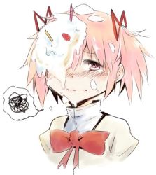 Rule 34 | 10s, 1girl, birthday cake, blush, bow, cake, candle, damenano104, food, food on face, fruit, hair ribbon, in the face, kaname madoka, mahou shoujo madoka magica, mahou shoujo madoka magica (anime), pie in face, pink eyes, pink hair, ribbon, short twintails, solo, spoken squiggle, squiggle, strawberry, tears, twintails