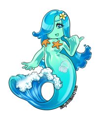 Rule 34 | 1girl, blue eyes, blue hair, breasts, chibi, flower, flower on head, jellyfish, mermaid, monster girl, navel, sideboob, slime girl, small breasts, solo, starfish, waves
