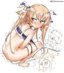Rule 34 | 1girl, back, bare shoulders, barefoot, bikini, bikini pull, blush, breath, brown hair, character name, clothes pull, crossed arms, female focus, from above, from behind, full body, half-closed eyes, headgear, indoors, japanese text, johnston (kancolle), kantai collection, koorimizu, long hair, looking back, multicolored bikini, multicolored clothes, nose blush, open mouth, pee, peeing, red eyes, shiny skin, sidelocks, skindentation, solo, squat toilet, squatting, swimsuit, thought bubble, tile wall, tiles, toilet paper, toilet use, translation request, twintails