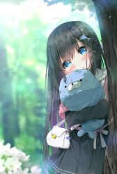 Rule 34 | 1girl, :o, bag, black hair, black shirt, black skirt, blue eyes, blurry, blurry background, blush, commentary request, day, depth of field, dolphin hair ornament, hair between eyes, hair ornament, handbag, highres, jacket, kouda suzu, layered sleeves, long hair, long sleeves, multicolored hair, hugging object, original, outdoors, parted lips, peeking out, pink jacket, pleated skirt, purple hair, shirt, short over long sleeves, short sleeves, shoulder bag, skirt, sleeves past wrists, solo, stuffed animal, stuffed otter, stuffed toy, two-tone hair, very long hair