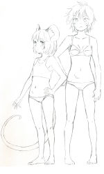 Rule 34 | 2girls, animal ears, barefoot, blush, bra, camisole, female focus, flat chest, hand on own hip, monochrome, mouse ears, mouse tail, multiple girls, navel, nazrin, panties, short hair, simple background, standing, tail, toramaru shou, touhou, underwear, underwear only, white background, yudepii