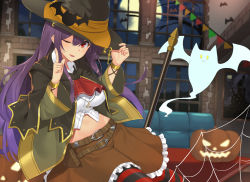 Rule 34 | 1girl, ;d, absurdres, belt, black pantyhose, black robe, bracelet, breasts, brown belt, brown skirt, commentary request, flower, full moon, hair ornament, hand on headwear, hands up, hat, highres, huge filesize, index finger raised, indoors, jack-o&#039;-lantern, jewelry, large breasts, long hair, long sleeves, looking at viewer, midriff, miniskirt, moon, navel, night, night sky, one eye closed, open mouth, original, pantyhose, petticoat, purple hair, red eyes, red pantyhose, robe, shirt, sidelocks, skirt, sky, smile, solo, spider lily, striped clothes, striped pantyhose, suiroh (shideoukami), white shirt, wide sleeves, window, witch hat
