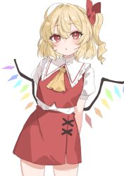 Rule 34 | 1girl, ahoge, arms behind back, bat wings, blonde hair, blush, bow, collar, crystal, drill hair, eyelashes, flandre scarlet, flat chest, frilled collar, frills, hair between eyes, hair bow, highres, looking at viewer, miniskirt, multicolored wings, neckerchief, open mouth, paragasu (parags112), puffy short sleeves, puffy sleeves, rainbow order, red bow, red eyes, red shirt, red skirt, shirt, short hair, short sleeves, side drill, side ponytail, skirt, slit pupils, solo, standing, touhou, white collar, white shirt, wings, yellow neckerchief