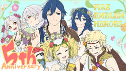 Rule 34 | 3boys, 3girls, :d, anniversary, armlet, aunt and niece, blonde hair, blue eyes, blue hair, bouquet, brother and sister, brown eyes, chrom (fire emblem), chrom (valentine) (fire emblem), dress, father and daughter, fire emblem, fire emblem awakening, fire emblem heroes, flower, flower necklace, hair between eyes, hair flower, hair ornament, highres, jewelry, lissa (fire emblem), lissa (valentine) (fire emblem), long hair, lucina (fire emblem), lucina (valentine) (fire emblem), mother and son, multiple boys, multiple girls, necklace, nezumida yonekiti, nintendo, official alternate costume, one eye closed, open mouth, owain (fire emblem), owain (valentine) (fire emblem), robin (female) (fire emblem), robin (female) (valentine) (fire emblem), robin (fire emblem), robin (male) (fire emblem), robin (male) (valentine) (fire emblem), short hair, siblings, sleeveless, smile, twintails, uncle and nephew, v, white hair