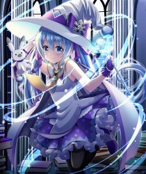Rule 34 | 1girl, animal, arm up, bare shoulders, black pantyhose, blue eyes, blue hair, blush, book, book stack, bow, closed mouth, commentary request, fingerless gloves, gloves, hair between eyes, hand on headwear, hat, hat bow, hatsune miku, holding, holding wand, pantyhose, purple bow, purple footwear, purple gloves, purple skirt, rabbit, shirt, shoes, skirt, sleeveless, sleeveless shirt, smile, standing, standing on one leg, vocaloid, wand, white headwear, white shirt, witch hat, yuki miku, yuki miku (2014), yukine (vocaloid), yuuka nonoko