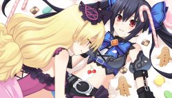 Rule 34 | 2girls, bare shoulders, black hair, blonde hair, blush, breasts, candy, candy cane, chou megami shinkou noire gekishin black heart, cream, cream on face, female focus, food, food on face, game cg, highres, lady wakku, long hair, medium breasts, midriff, multiple girls, neptune (series), noire (neptunia), official art, red eyes, smile, tongue, tongue out, tsunako, twintails, yuri