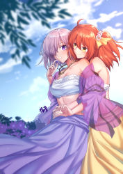 Rule 34 | 2girls, ahoge, alternate costume, bandeau, bare shoulders, blurry, blush, breasts, cleavage, closed mouth, collarbone, couple, day, depth of field, fate/grand order, fate (series), female focus, flower, fujimaru ritsuka (female), gogatsu fukuin, hair between eyes, hair over one eye, highres, hug, hug from behind, jewelry, large breasts, light purple hair, long skirt, looking at another, mash kyrielight, midriff, multiple girls, neck, necklace, one side up, orange hair, outdoors, parted lips, purple eyes, purple skirt, see-through, short hair, skirt, smile, stomach, strapless, tube top, type-moon, yellow eyes, yellow skirt, yuri