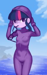 Rule 34 | 1girl, black hair, bodysuit, breasts, cloud, colored skin, diving suit, drantyno, glasses, gloves, hasbro, looking to the side, mouth hold, multicolored hair, my little pony, my little pony: equestria girls, my little pony: friendship is magic, ocean, pink hair, purple bodysuit, purple eyes, purple gloves, purple hair, purple skin, sky, small breasts, standing, streaked hair, twilight sparkle, water, wetsuit