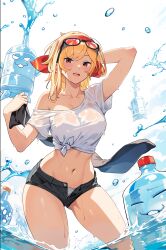 Rule 34 | 1girl, absurdres, blonde hair, collarbone, commentary, english commentary, eyewear on head, galon (kaela kovalskia), head scarf, highres, hololive, hololive indonesia, kaela kovalskia, medium hair, midriff, navel, off shoulder, open mouth, partially submerged, popo (popo0cat), red eyes, shirt, short shorts, shorts, sunglasses, thighs, tied shirt, virtual youtuber, water, wet, wet clothes, wet shirt