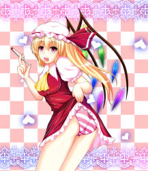 Rule 34 | 1girl, :d, aged up, ascot, bad id, bad pixiv id, blonde hair, blood, blush, breasts, checkered background, clothes lift, crystal, fang, flandre scarlet, hat, hat ribbon, heart, long hair, looking at viewer, menstruation, mob cap, open mouth, panties, puffy short sleeves, puffy sleeves, red eyes, red ribbon, ribbon, short sleeves, side ponytail, skirt, skirt lift, skirt set, smile, solo, striped clothes, striped panties, suggestive fluid, taka (hiroa), tampon, touhou, underwear, wings