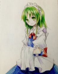 Rule 34 | 1girl, apron, blue dress, bow, bowtie, closed mouth, commentary, dress, flat chest, green eyes, green hair, kaigen 1025, long hair, maid, maid headdress, puffy short sleeves, puffy sleeves, red bow, red bowtie, ruukoto, shirt, short sleeves, simple background, smile, solo, touhou, touhou (pc-98), white apron, white background, white shirt