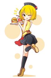 Rule 34 | 1girl, alternate costume, apron, black skirt, black socks, blonde hair, brown footwear, burger, closed mouth, commentary request, crescent, cup, drinking straw, food, french fries, from side, full body, hat, highres, holding, holding tray, inon, kneehighs, looking at viewer, lunasa prismriver, open mouth, pleated skirt, red apron, shoes, short hair, skirt, sleeveless, smile, socks, solo, standing, standing on one leg, touhou, tray, yellow eyes
