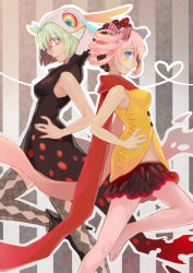 Rule 34 | 10s, back-to-back, charlotte (madoka magica), green hair, heart, kouko (thorax), looking at viewer, mahou shoujo madoka magica, mahou shoujo madoka magica (anime), miniskirt, personification, pink hair, qiangzi, skirt, solo, thighhighs