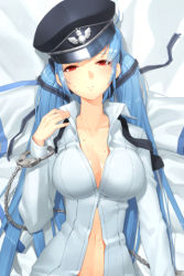 Rule 34 | 1girl, bed, bed sheet, beong-eoli, blue hair, blush, breasts, collarbone, cuffs, dress shirt, handcuffs, hat, impossible clothes, long hair, lowres, luthica preventer, lying, midriff, naked shirt, necktie, on back, open clothes, open mouth, open shirt, peaked cap, red eyes, shirt, solo, sweat, sword girls, twintails