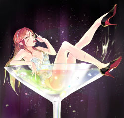 Rule 34 | 1girl, bare shoulders, blue nails, bottomless, breasts, brown eyes, brown hair, cherry, cleavage, cocktail glass, corset, cup, drinking glass, food, fruit, full body, hairband, high heels, holding, holding food, holding fruit, idolmaster, idolmaster cinderella girls, long hair, looking at viewer, medium breasts, nail polish, null (chronix), open mouth, oversized object, partially submerged, solo, sparkle, splashing, zaizen tokiko