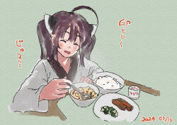 Rule 34 | 1girl, ^ ^, ahoge, blush, bowl, brown hair, closed eyes, commentary request, dated, drooling, facing viewer, food, food request, green background, headgear, holding, holding spoon, japanese clothes, kimono, lamb (hitsujiniku), long sleeves, mouth drool, open mouth, plate, rice, simple background, sitting, smile, solo, spoon, table, touhoku kiritan, translation request, twintails, upper body, voiceroid, white kimono, wide sleeves