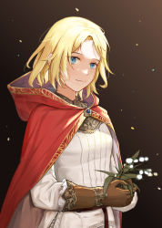 Rule 34 | 1girl, absurdres, blonde hair, blush, brown gloves, cape, capelet, dress, elden ring, flower, gloves, highres, hood, hood up, hooded cape, long sleeves, looking at viewer, nitouchesiji, parted lips, red capelet, red hood, roderika (elden ring), shirt, short hair, simple background, smile, solo, white shirt