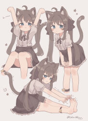 Rule 34 | 1girl, absurdres, ahoge, animal ears, arms up, barefoot, black ribbon, black skirt, blue eyes, brown hair, cat ears, cat girl, cat tail, center frills, colon br, cropped legs, feet, frilled shirt, frills, high-waist skirt, highres, knees together feet apart, leaning forward, legs together, long bangs, long hair, looking at viewer, multiple views, neck ribbon, original, outstretched arms, petticoat, pleated skirt, puffy short sleeves, puffy sleeves, ribbon, shirt, shirt tucked in, short sleeves, sidelocks, simple background, sitting, skirt, star (symbol), stretching, tail, toes, twintails, twitter username, white background, white shirt