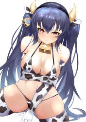 Rule 34 | 1girl, absurdres, animal print, arm support, arm under breasts, bikini, bimmy, blue hair, blush, breast hold, breasts, cleavage, cow print, cow print bikini, duplicate, embarrassed, highres, large breasts, legs, looking at viewer, navel, neptune (series), noire (neptunia), print bikini, red eyes, sitting, solo, spread legs, swimsuit, thighs, twintails