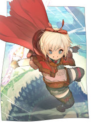 Rule 34 | 1girl, warrior of light (ff14), blonde hair, blue eyes, bow, cape, final fantasy, final fantasy xiv, hair bow, hide (hideout), highres, holding, hood, hood down, hooded cape, lalafell, open mouth, short hair, shorts, solo, thighhighs