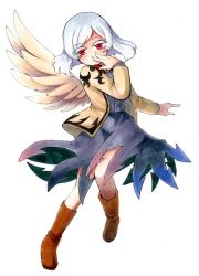 Rule 34 | 1girl, angel wings, beige jacket, blush, bow, bowtie, colored eyelashes, covering own mouth, dress, feathered wings, hand to own mouth, kishin sagume, long sleeves, looking at viewer, marker (medium), one-hour drawing challenge, proton, purple dress, red bow, red bowtie, red eyes, short hair, simple background, single wing, solo, touhou, traditional media, white background, white hair, wings