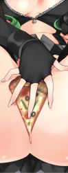 Rule 34 | breasts, breasts apart, c.c., code geass, covering privates, covering crotch, creayus, fingerless gloves, food, gloves, pizza, pizza slice, solo