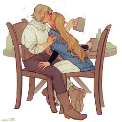 Rule 34 | 2girls, blonde hair, blush, braid, chair, colored skin, couple, cup, diezmil10000, drunk, dungeon meshi, falin touden, falin touden (tallman), feathers, full body, highres, holding, holding cup, hug, kiss, long hair, marcille donato, medium hair, monster girl, multicolored skin, multiple girls, pointy ears, simple background, sitting, squeans, two-tone skin, white background, yuri