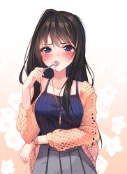 Rule 34 | 1girl, argyle, argyle clothes, argyle cutout, arm across waist, artist name, black hair, blue eyes, blush, borrowed character, bracelet, breasts, camisole, clothing cutout, collarbone, commentary, commission, english commentary, floral background, food, gradient background, grey skirt, holding, holding spoon, hyanna-natsu, jacket, jewelry, long hair, looking at viewer, medium breasts, necklace, open clothes, open jacket, original, pink background, pleated skirt, skirt, solo, spoon, upper body, utensil in mouth, v-shaped eyebrows