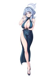 Rule 34 | 1girl, absurdres, ako (blue archive), ako (dress) (blue archive), areola slip, blue archive, blue dress, blue eyes, blue footwear, blue hair, blue halo, bracelet, breasts, cleavage, commentary request, dress, evening gown, full body, halo, highres, huge breasts, jewelry, korean commentary, legs, looking at viewer, medium hair, nail polish, official alternate costume, purple nails, revision, sandals, see-through, see-through dress, side slit, single handcuff, sleeveless, sleeveless dress, smile, solo, standing, thighs, thong, toenail polish, toenails, toes, toriseru (rare stone), white background