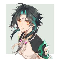 Rule 34 | 1boy, ahoge, arm tattoo, bare shoulders, bead necklace, beads, black hair, closed mouth, eyes visible through hair, facial mark, forehead mark, genshin impact, green background, green hair, highres, jewelry, long hair, looking at viewer, male focus, multicolored hair, necklace, otoruu 10, parted bangs, shoulder pads, shoulder spikes, simple background, sleeveless, solo, spikes, tassel, tattoo, white background, xiao (genshin impact), yellow eyes