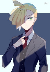 Rule 34 | 1boy, ahoge, alternate costume, blonde hair, buttons, closed mouth, collar tug, collared shirt, commentary, creatures (company), ear piercing, frown, game freak, gladion (pokemon), green eyes, grey shirt, hair over one eye, hand up, highres, jacket, long sleeves, male focus, necktie, nintendo, piercing, pokemon, pokemon sm, red necktie, shirt, short hair, signature, solo, symbol-only commentary, tere asahi, upper body, vest