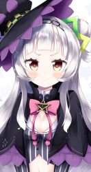 Rule 34 | 1girl, black capelet, black headwear, black shirt, blouse, blunt bangs, blush, bow, bowtie, breasts, capelet, cleavage, closed mouth, cocozasa, commentary request, cone hair bun, crop top, cropped shirt, frilled capelet, frills, gradient eyes, grey hair, grey shirt, hair bun, hair ornament, hairband, half updo, hat, hexagram hair ornament, highres, hololive, long hair, long sleeves, looking at viewer, midriff, multicolored eyes, murasaki shion, murasaki shion (1st costume), pink bow, pink bowtie, pinstripe pattern, pinstripe shirt, purple capelet, shiny skin, shirt, short eyebrows, side bun, sidelocks, single side bun, small breasts, smile, solo, star (symbol), striped clothes, striped shirt, tilted headwear, upper body, vertical-striped clothes, vertical-striped shirt, virtual youtuber, witch hat, yellow eyes