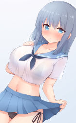 Rule 34 | 1girl, black bra, black panties, blue eyes, blue hair, blue sailor collar, blue skirt, blush, bra, bra visible through clothes, breasts, cleavage, closed mouth, clothes lift, collarbone, commentary request, cowboy shot, crop top, crop top overhang, dutch angle, gradient background, hair between eyes, highres, large breasts, lifting own clothes, long hair, looking at viewer, original, panties, pleated skirt, sailor collar, school uniform, serafuku, shirt, side-tie panties, sidelocks, simple background, skirt, skirt lift, solo, standing, underwear, white shirt, yuu (yumezakura)