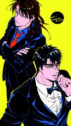Rule 34 | 2boys, artist name, black bow, black bowtie, black eyes, black hair, black jacket, blazer, blue shirt, bow, bowtie, closed mouth, collared shirt, commentary request, cowboy shot, crossed arms, dated, expressionless, formal, headset, highres, ichijou seiya, jacket, kaiji, long hair, long sleeves, looking at viewer, male focus, medium bangs, multiple boys, murakami tamotsu, necktie, open mouth, pants, red hair, red necktie, shirt, simple background, suit, unknown03162, yellow background