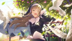 Rule 34 | 1girl, bench, bird, book, brown eyes, day, frilled gloves, frills, gloves, habit, highres, light brown hair, long hair, narumi nanami, nijisanji, nun, on bench, open mouth, outdoors, pigeon, sister claire, sister claire (1st costume), sitting, solo, tree, virtual youtuber, white gloves